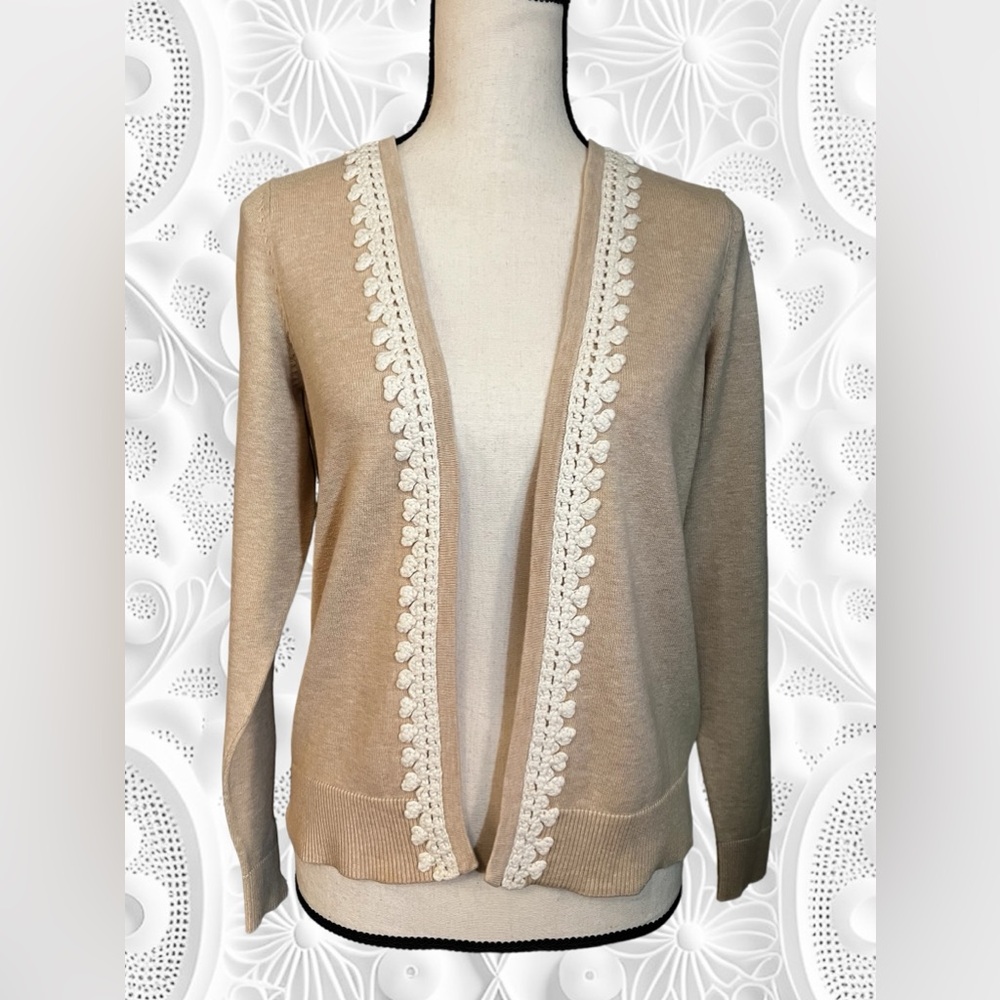 Banana Republic Knit Jacket, Almond Colored, With Crocheted Edging, Women’s M